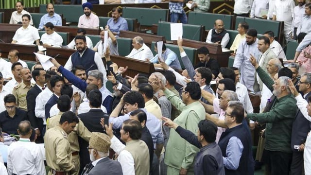 The speaker reminded the members that the issue was sub-judice with 12 writ petitions pending before the Supreme Court and that the Act had been passed by the Parliament — not the J&K Assembly. (HT Photo)