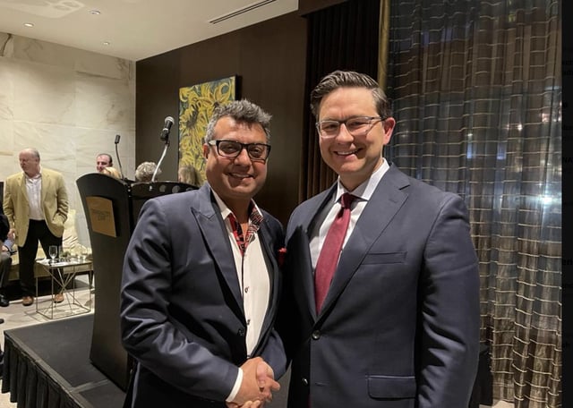Pierre Poilievre in 2023 with Aditya Tawatia, (left), Conservative donor and former leader of the Overseas Friends of BJP Canada.
