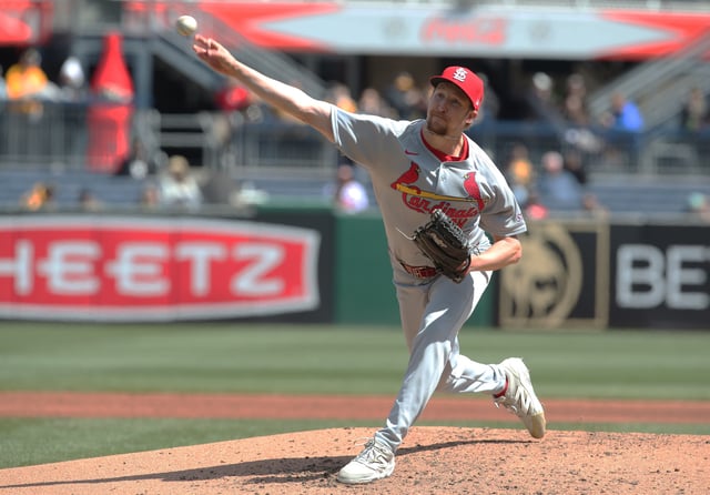 Apr 9, 2025; Pittsburgh, Pennsylvania, USA;  St. Louis Cardinals starting pitcher Erick Fedde (12) pitches against the Pittsburgh Pirates during the sixth inning at PNC Park. Mandatory Credit: Charles LeClaire-Imagn Images