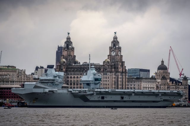 The Royal Navy aircraft carrier HMS Prince of Wales berths at a cruise terminal in Liverpool, England, on December 2, 2024.
