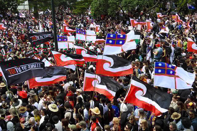 Thousands of people gather outside New Zealand's parliament in November 2024 to protest a proposed law that would redefine the country's founding agreement