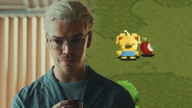 Colin Ritman in Black Mirror's Plaything episode and a still of a Thronglet from the game