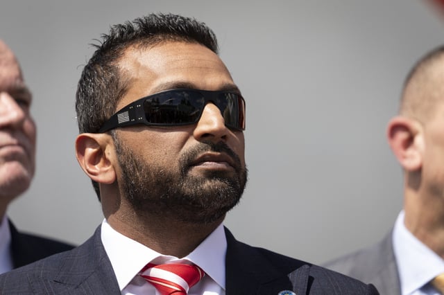 FBI Director Kash Patel looks on during a press conference on illicit narcotics, at Port Everglades in Fort Lauderdale, Florida on April 9, 2025.