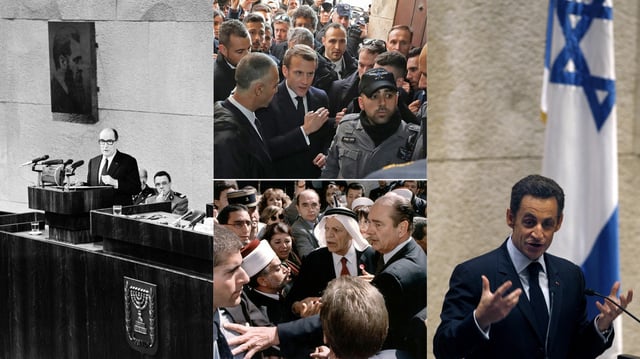 À gauche et à droite : Mitterrand et Sarkozy à la Knesset, en 1982 et 2008. Au centre, Macron et Chirac à Jérusalem en 2020 et 1996.