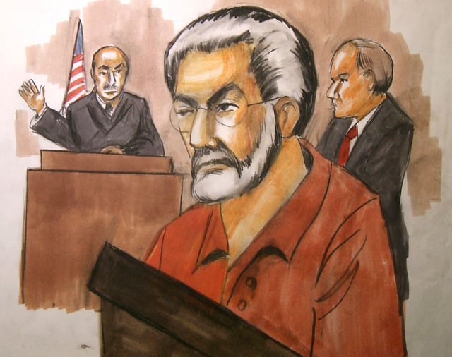 This 2010 courtroom artists drawing shows Chicago businessman Tahawwur Hussain Rana, center, as he appears before in a Chicago federal court.
