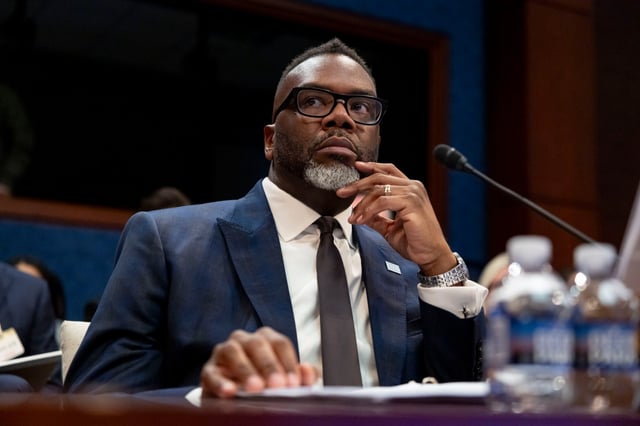 Mayor Brandon Johnson appears before the House Oversight Committee on March 5, 2025, during a hearing on Capitol Hill about sanctuary cities and immigration policy. (Brian Cassella/Chicago Tribune)