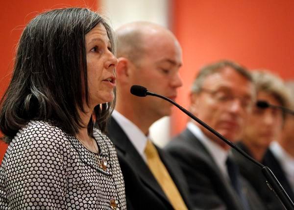 Kathleen Sgamma, left, a vice president with the Western Energy Alliance, testifies before a field hearing by the Subcommittee on Energy and Mineral Resources  on proposed nationwide drilling rules on hydraulic fracturing at the Capitol in Denver on Wednesday, May 2, 2012. Others at her side wait to testify.