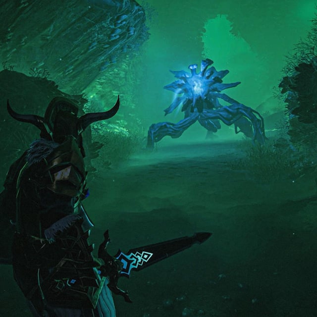 A warrior facing a monster in a dark wilderness area
