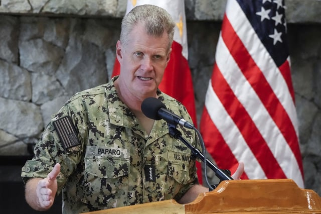 FILE - U.S. Indo-Pacific Command Commander, Admiral Samuel Paparo, gestures during a press conference at the Philippine Military Academy in Baguio, northern Philippines, Aug. 29, 2024. (AP Photo/Aaron Favila, File)