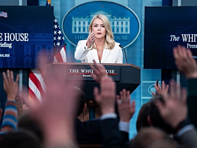 Washington, DC - April 8 : White House press secretary Karoline Leavitt speaks during a news briefing in the James Brady Press Briefing Room at the White House on Tuesday, April 08, 2025 in Washington, DC. (Photo by Jabin Botsford/The Washington Post via Getty Images)