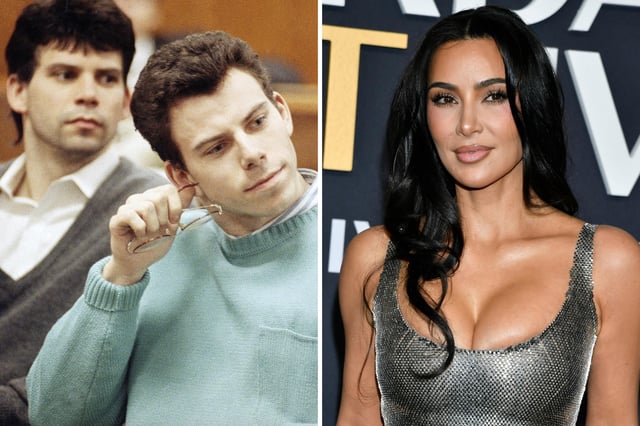 (Left) Lyle, left, and Erik Menendez appear in court for a preliminary hearing held in Beverly Hills, Calif., April 12, 1991. (Right) Kim Kardashian attends the SNL50: The Anniversary Special at Rockefeller Plaza on Sunday, Feb. 16, 2025, in New York.