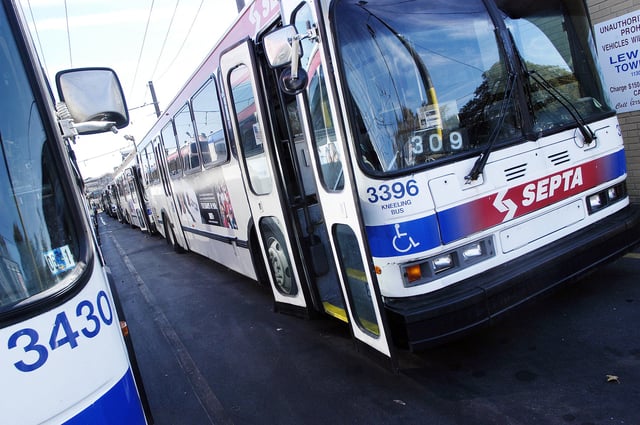 Buses sit idle at SEPTA&#39;s (Southeastern Pennsylvania Transportation Authority) Frankford Transportation Center.