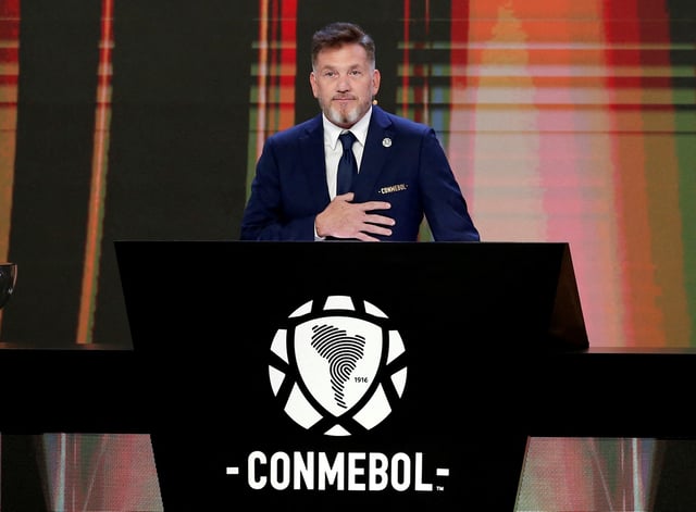 Soccer Football - Copa Libertadores - Group Stage Draw - Conmebol Headquarters, Luque, Paraguay - March 17, 2025 CONMEBOL President Alejandro Dominguez speaks during the draw REUTERS/Cesar Olmedo/File Photo