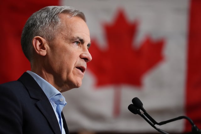 Liberal Leader Mark Carney makes an announcement during a federal election campaign stop at Intelligent City in Delta, B.C., on Tuesday, April 8, 2025. 