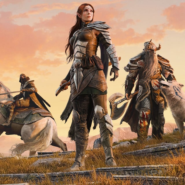 The Elder Scrolls Online promo image - three TESO characters posing side by side