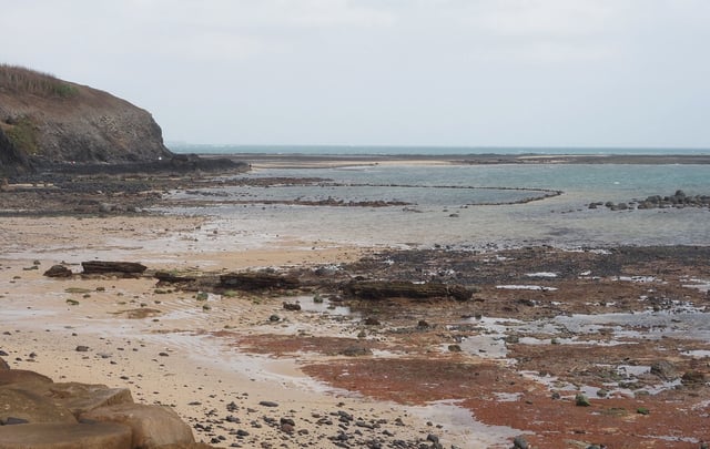 The shallow sea is visible at low tide in this coastal view in the Penghu Islands, a group of islands in the Taiwan Strait, where the fossil was discovered on the seabed.