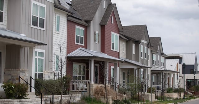 A row of high-density townhomes in Austin on March 23, 2025.