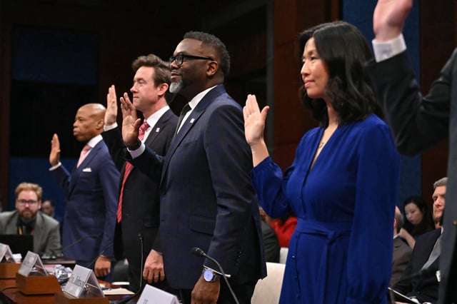 (L-R) New York City Mayor Eric Adams, Denver Mayor Michael Johnston, Chicago Mayor Brandon Johnson and Boston Mayor Michelle Wu are sworn in during a House Committee on Oversight and Government Reform hearing titled &#34;A Hearing with Sanctuary City Mayors,&#34; on Capitol Hill in Washington, DC, on March 5, 2025.