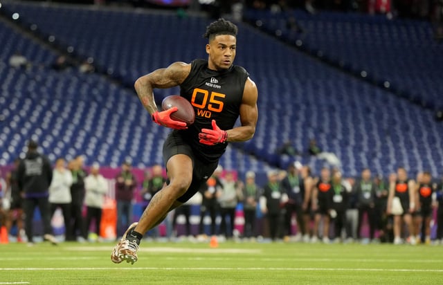 Mar 1, 2025; Indianapolis, IN, USA; Texas wideout Isaiah Bond (WO05) during the 2025 NFL Combine at Lucas Oil Stadium. Mandatory Credit: Kirby Lee-Imagn Images/File Photo