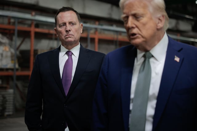 WASHINGTON, DC - MARCH 17: U.S. President Donald Trump speaks to the media alongside Richard Grenell, President of The Kennedy Center Board of Trustees, during a guided tour of the John F. Kennedy Center for the Performing Arts before leading a board meeting on March 17, 2025 in Washington, DC. After shunning the annual Kennedy Center Honors during his first term in the White House, Trump fired the center’s president, removed the bipartisan board of Biden appointees and named himself Chairman of the storied music, theater and dance institution. (Photo by Chip Somodevilla/Getty Images)