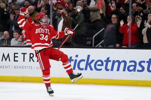 Cole Eiserman #34 of the Boston University Terriers celebrates after scoring a goal against the the Boston College Eagles during the third period of the 2025 Beanpot Tournament Championship at TD Garden on February 10, 2025 in Boston, Massachusetts. The Terriers defeat the Eagles 4-1.