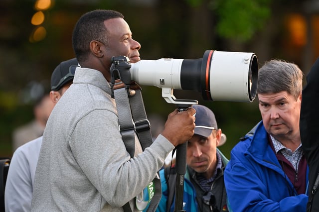 AUGUSTA, GEORGIA - APRIL 10: Ken Griffey Jr., american baseball player, stands with a camera near the first tee box during the first round of Masters Tournament at Augusta National Golf Club on April 10, 2025 in Augusta, Georgia. (Photo by Ben Jared/PGA TOUR via Getty Images)
