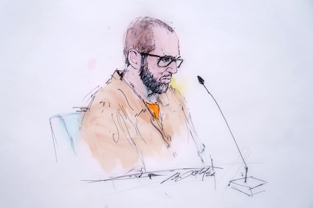 In this courtroom sketch Defendant Alexander Smirnov speaks in Federal court in Los Angeles, Monday, Feb. 26, 2024.