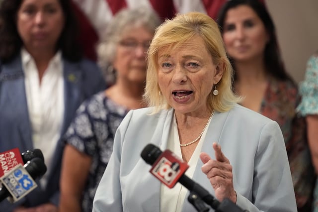 FILE-Maine Gov. Janet Mills speaks to the media in this July 19, 2023, file photo, at the State House in Augusta, Maine. (AP Photo/Robert F. Bukaty, file)