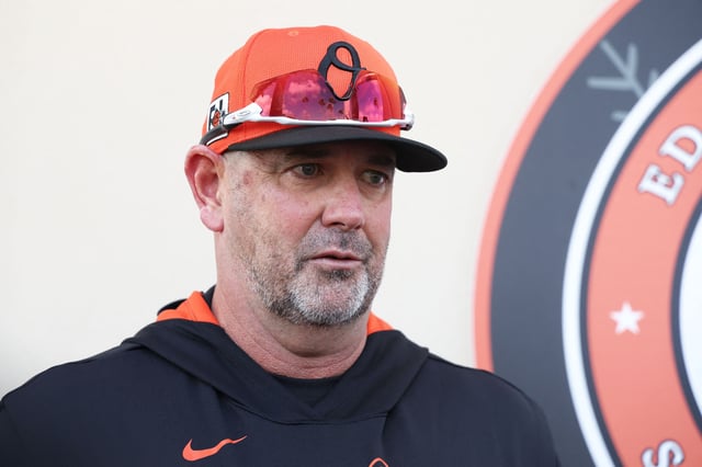 Feb 13, 2025; Sarasota, FL, USA; Baltimore Orioles manager Brandon Hyde talks with media during spring training workouts at Ed Smith Stadium. Mandatory Credit: Kim Klement Neitzel-Imagn Images/File Photo