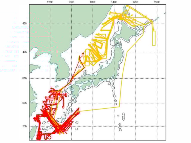 In this map provided by the Japanese Defense Ministry on April 10, 2025, Chinese and Russia military flights near Japan and South Korea in the fiscal year 2024 period are shown in red and orange, respectively.