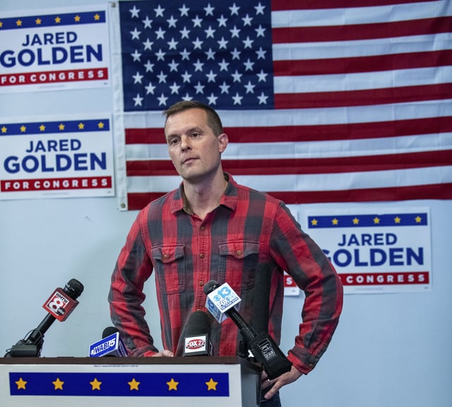 Rep. Jared Golden, D-Maine, during a press conference at his campaign office in Lewiston, Maine, Nov. 6, 2024, .