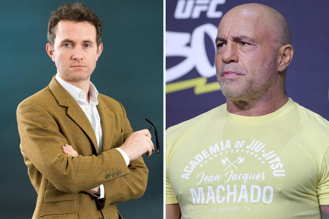 L: British author, journalist and political commentator Douglas Murray during the annual Edinburgh International Book Festival at Charlotte Square Gardens on August 13, 2017 in Edinburgh, Scotland, L: Joe Rogan  during the UFC 300 ceremonial weigh-in at MGM Grand Garden Arena on April 12, 2024 in Las Vegas, Nevada.
