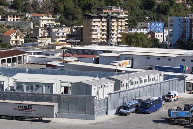 FILE - A view of a migrant processing center at the port of Shengjin, northwestern Albania Wednesday, Oct. 16, 2024, as the first group of migrants who were intercepted in international waters arrived Wednesday. (AP Photo/Vlasov Sulaj, File)
