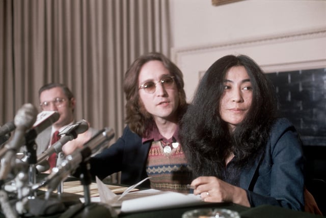John Lennon and Yoko Ono during a press conference in 1973.