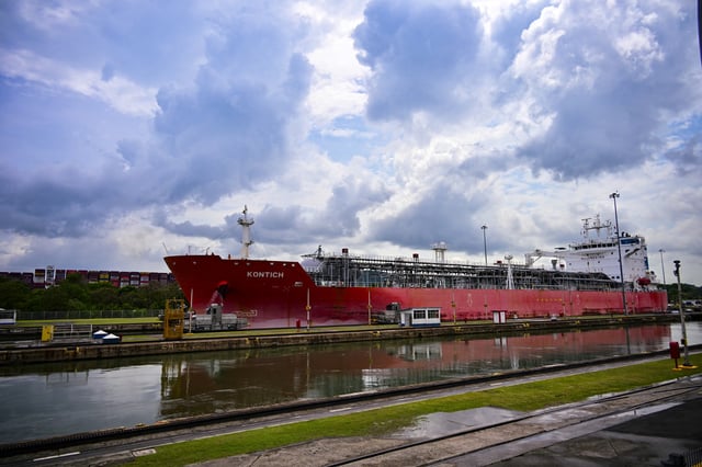 A gas cargo ship sails through the Miraflores Locks on the Panama Canal in Panama City, on April 8, 2025.
