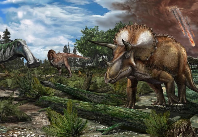 Reconstruction of a late Maastrichtian (~66 million years ago) palaeoenvironment in North America, where a floodplain is roamed by dinosaurs like Tyrannosaurus rex, Edmontosaurus annectens and Triceratops prorsus.