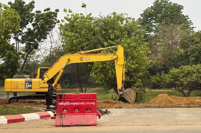 Rescuers clean debris from damaged roads in the aftermath of the March 28 earthquake in Naypyitaw, Myanmar, Thursday, April 10, 2025. (AP Photo)