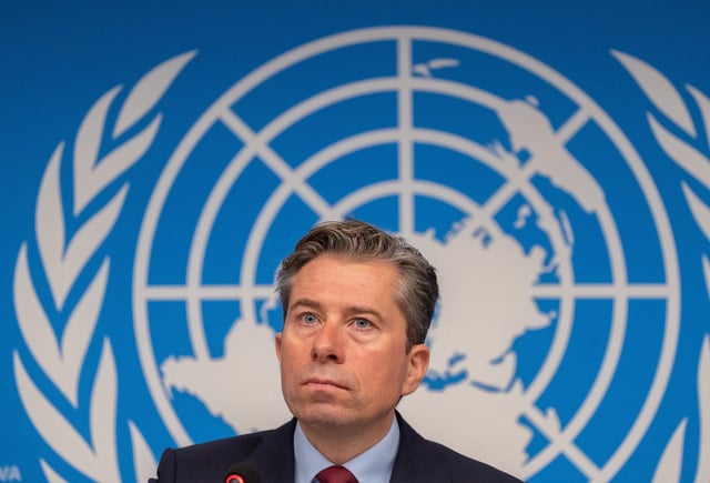 Tom Fletcher, United Nations Under-Secretary-General for Humanitarian Affairs and Emergency Relief Coordinator (OCHA) attends a press conference in Geneva, Switzerland, December 3, 2024. REUTERS/Denis Balibouse/File Photo