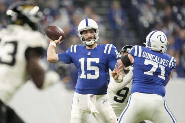 Jan 5, 2025; Indianapolis, Indiana, USA; Indianapolis Colts quarterback Joe Flacco (15) looks for an open receiver downfield during a game against the Jacksonville Jaguars at Lucas Oil Stadium. Mandatory Credit: Grace Hollars/USA TODAY Network via Imagn Images/ File Photo