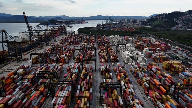 A drone view shows containers and ships at the Port of Santos, in Santos, Brazil April 3, 2025. REUTERS/Amanda Perobelli/File Photo