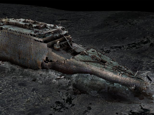 The bow of the Titanic seen in a digital recreation.