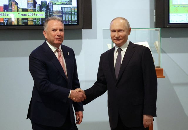 Russian President Vladimir Putin shakes hands with U.S. President Donald Trump's special envoy Steve Witkoff during a meeting in Saint Petersburg, Russia April 11, 2025. Sputnik/Gavriil Grigorov/Pool via REUTERS