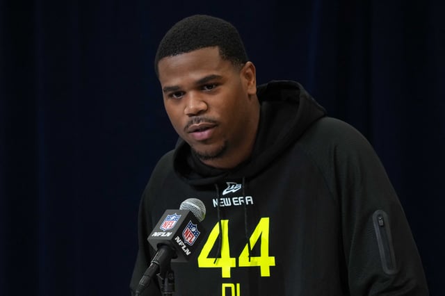Feb 27, 2025; Indianapolis, IN, USA; Penn State defensive lineman Abdul Carter (DL44) during the 2025 NFL Scouting Combine at the Indiana Convention Center. Mandatory Credit: Kirby Lee-Imagn Images/File Photo
