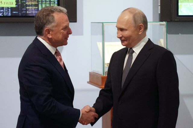 White House envoy Steve Witkoff and Russian President Vladimir Putin shake hands in Saint Petersburg, Russia on April 11, 2025.