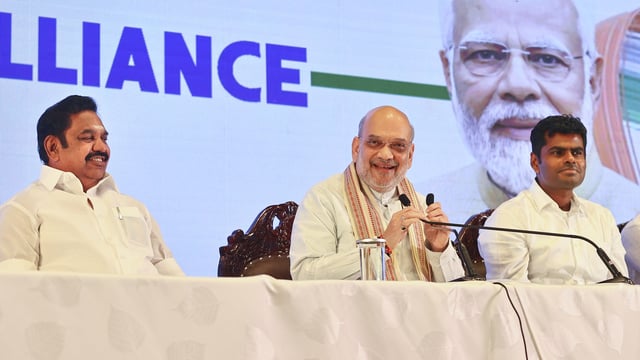 Union home minister Amit Shah with AIADMK general secretary Edappadi K Palaniswami and Tamil Nadu BJP president K Annamalai in Chennai on Friday. (PTI)