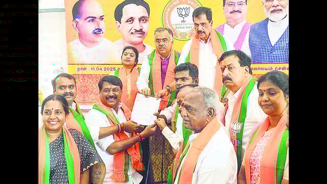 BJP leader Nainar Nagendran files nomination for the post of Tamil Nadu BJP chief in Chennai on Friday. (PTI)