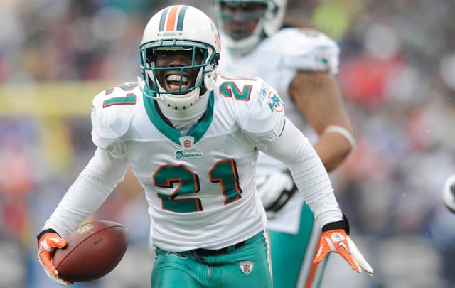 Vontae Davis celebrates an interception in the first half. Ralph Wilson Stadium, Orchard Park, NY. 12-18-2011. (Jim Rassol/South Florida Sun Sentinel)