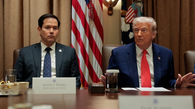 WASHINGTON, DC - APRIL 10: U.S. Secretary of State Marco Rubio speaks alongside U.S. President Donald Trump during a Cabinet meeting at the White House on April 10, 2025 in Washington, DC. President Trump convened a Cabinet meeting a day after announcing a 90-day pause on ‘reciprocal’ tariffs, with the exception of China.  (Photo by Anna Moneymaker/Getty Images)