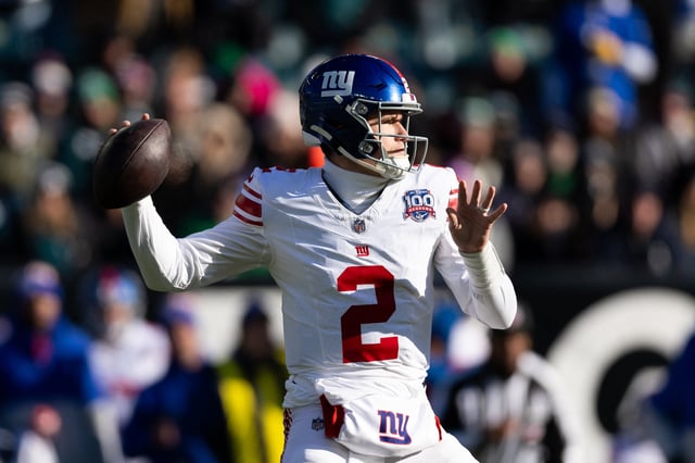 Jan 5, 2025; Philadelphia, Pennsylvania, USA; New York Giants quarterback Drew Lock (2) passes the ball against the Philadelphia Eagles during the first quarter at Lincoln Financial Field. Mandatory Credit: Bill Streicher-Imagn Images/File Photo