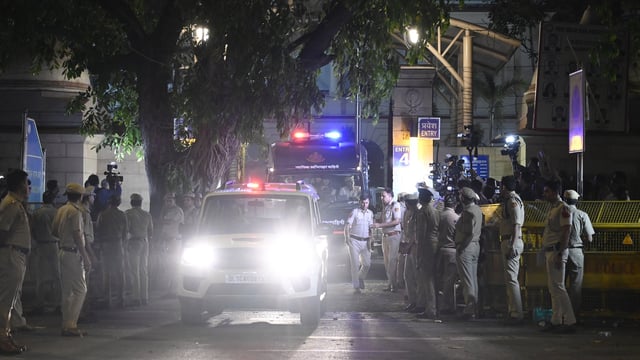 A cavalcade escorting Tahawwur Hussain Rana leaves the Patiala House Court, in New Delhi on Friday.